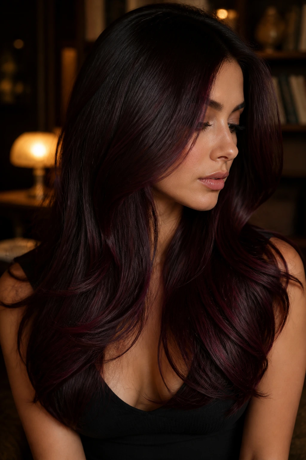 Close-up of long dark hair with black cherry glaze that shifts with light