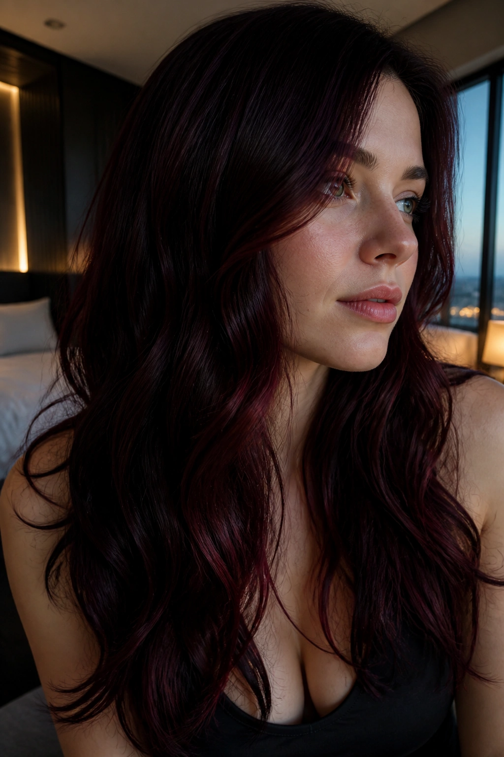 Close-up portrait of a person with black cherry hair showing red-purple sheen