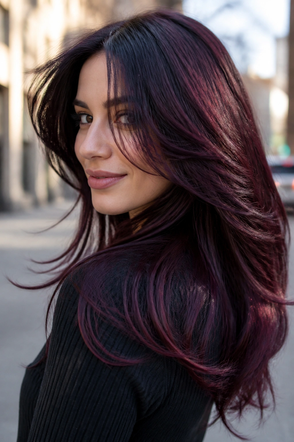 Close-up of a woman with black cherry layered hair showing wine-red depth