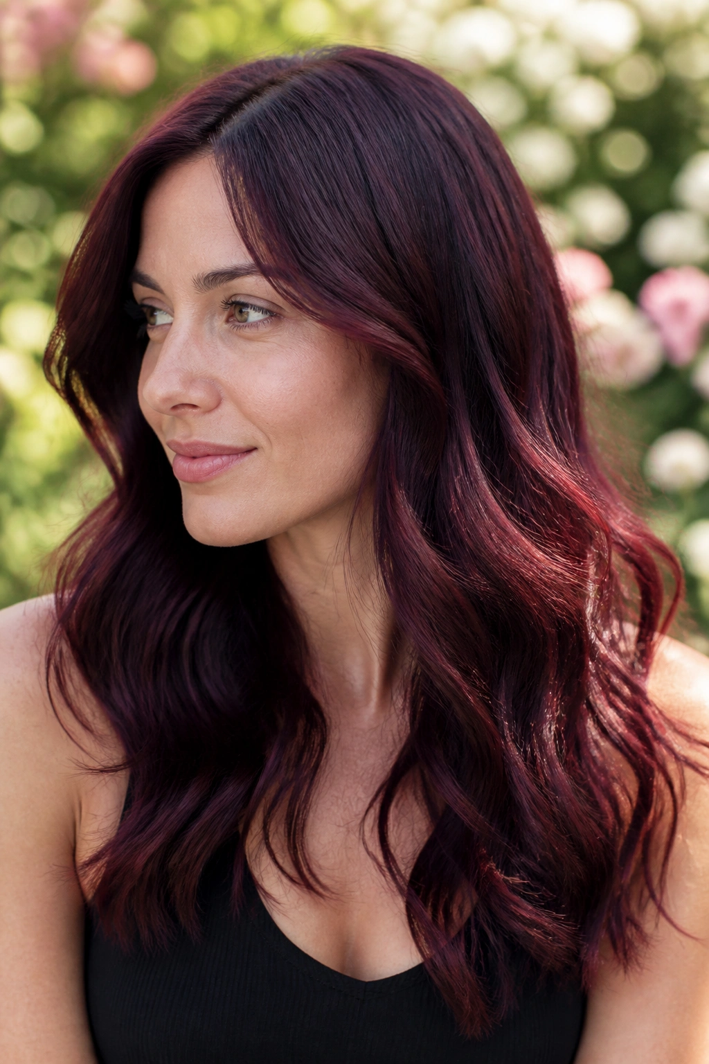 Close-up portrait of a person with black cherry hair in a sunlit garden