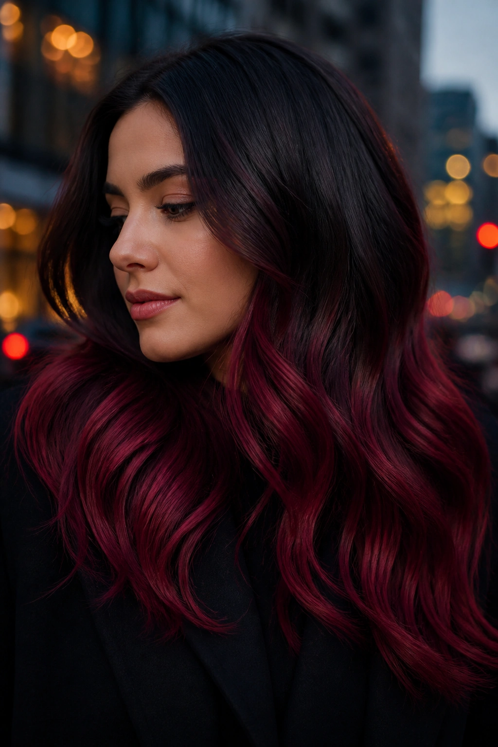 Portrait of a real woman with black cherry ombre hair