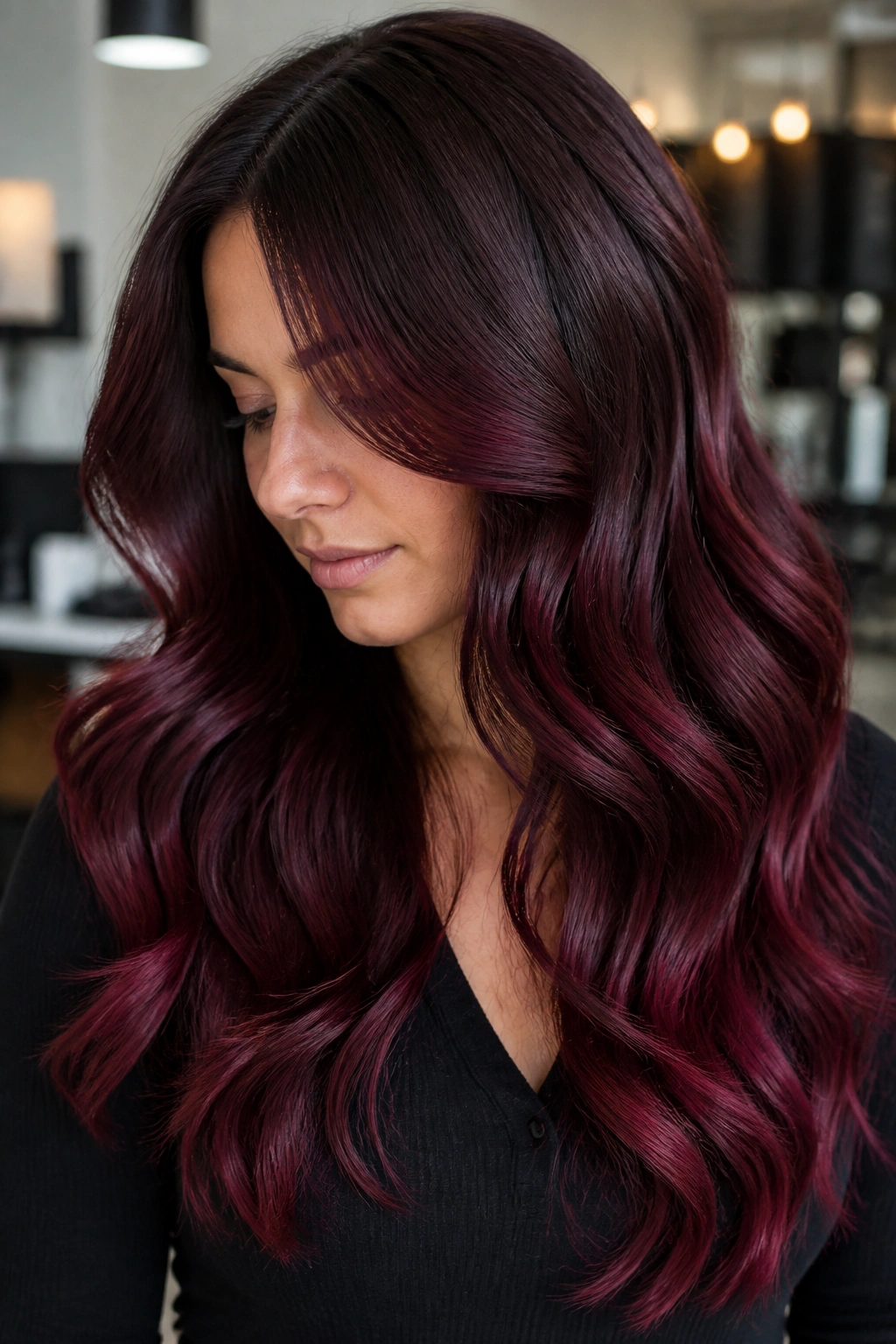 Real-person portrait with melted dark red tones: black cherry, plum, burgundy on long hair