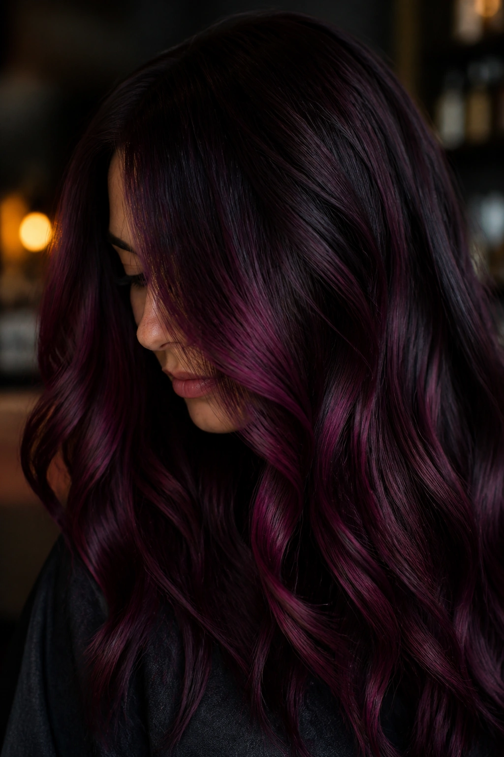 Close-up of black cherry hair with plum panels on a real person