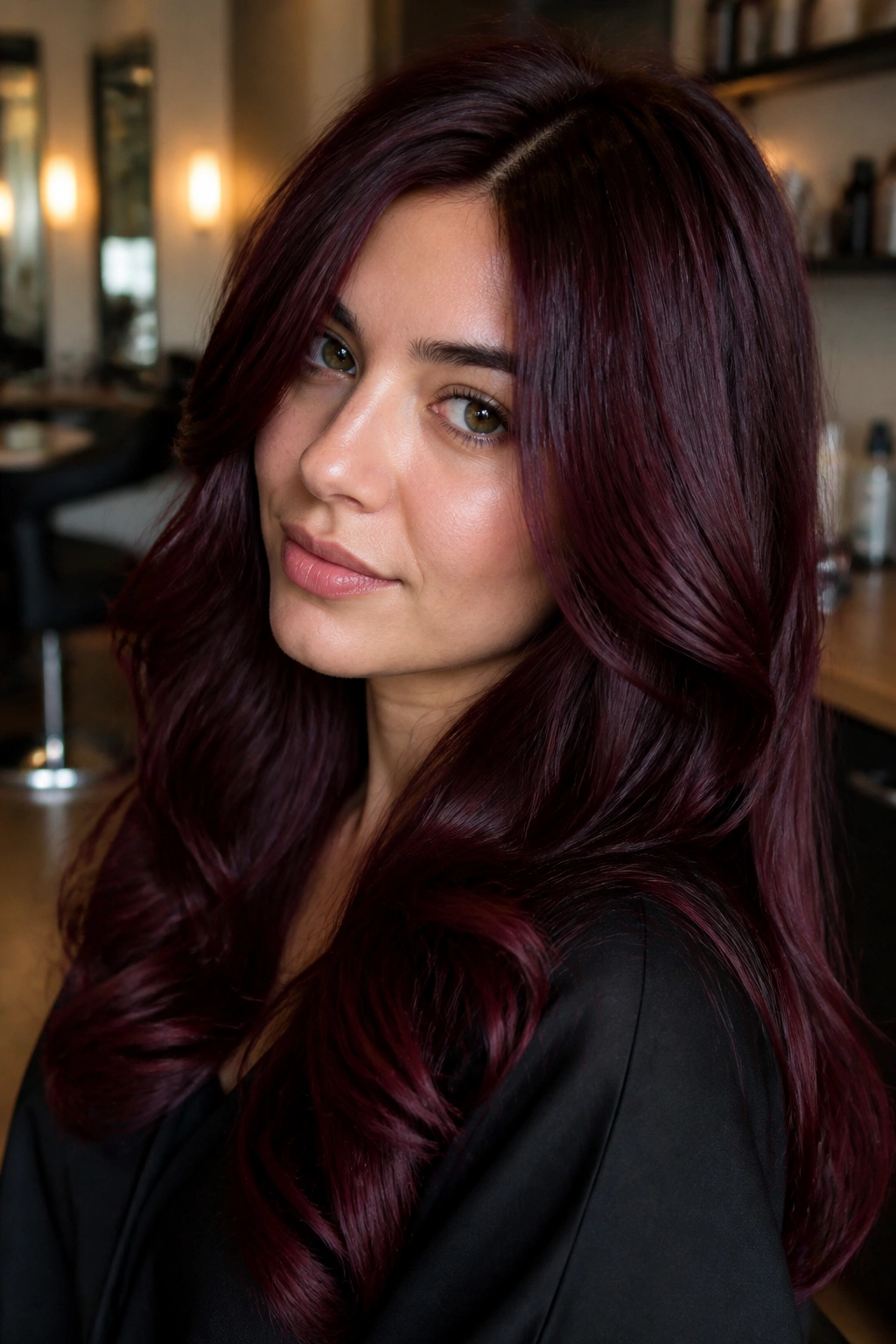 Close-up of a real person with deep glossy black cherry red hair in a softly lit salon