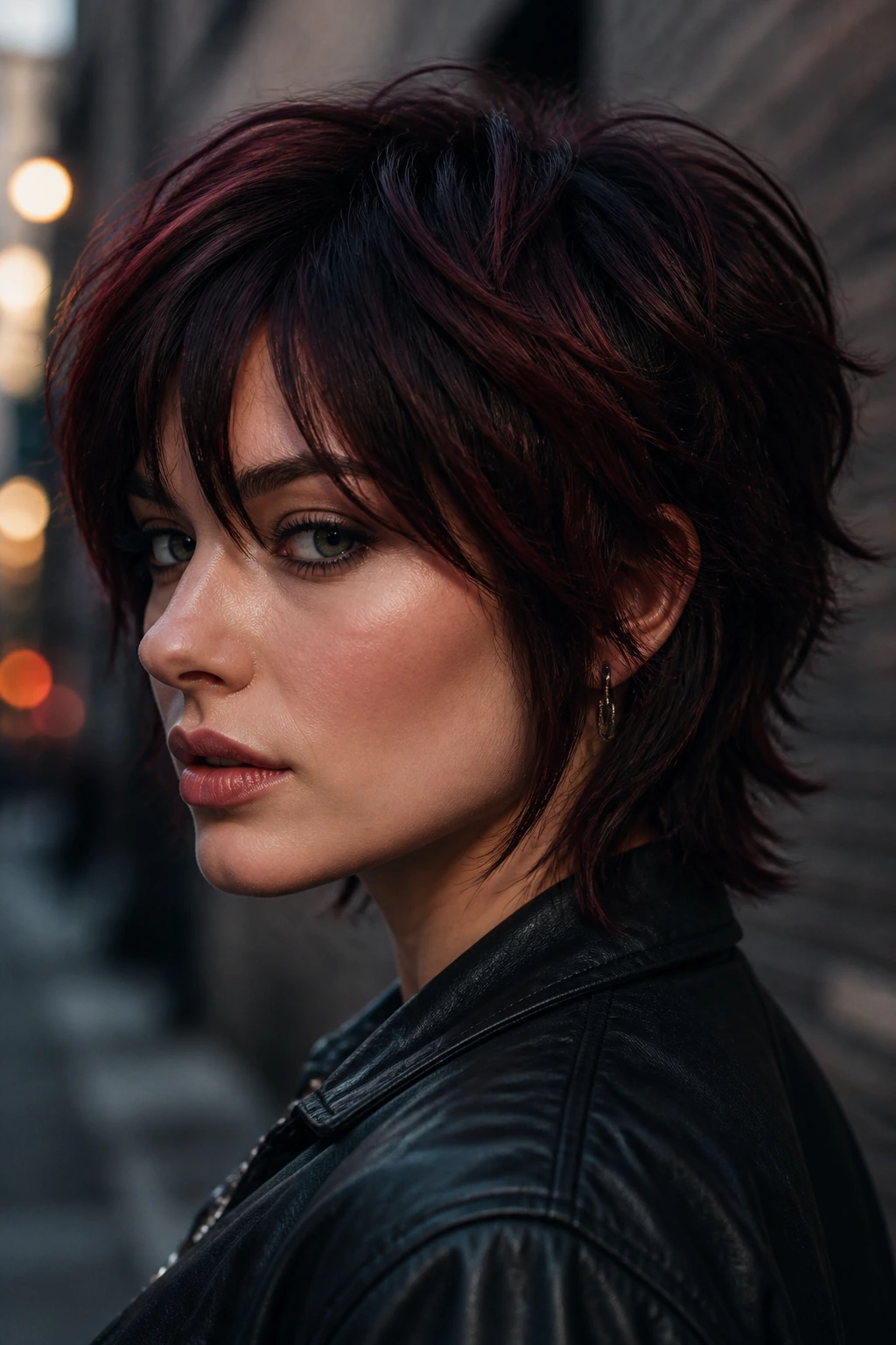 Close-up of a real person with black cherry short shag in moody lighting.