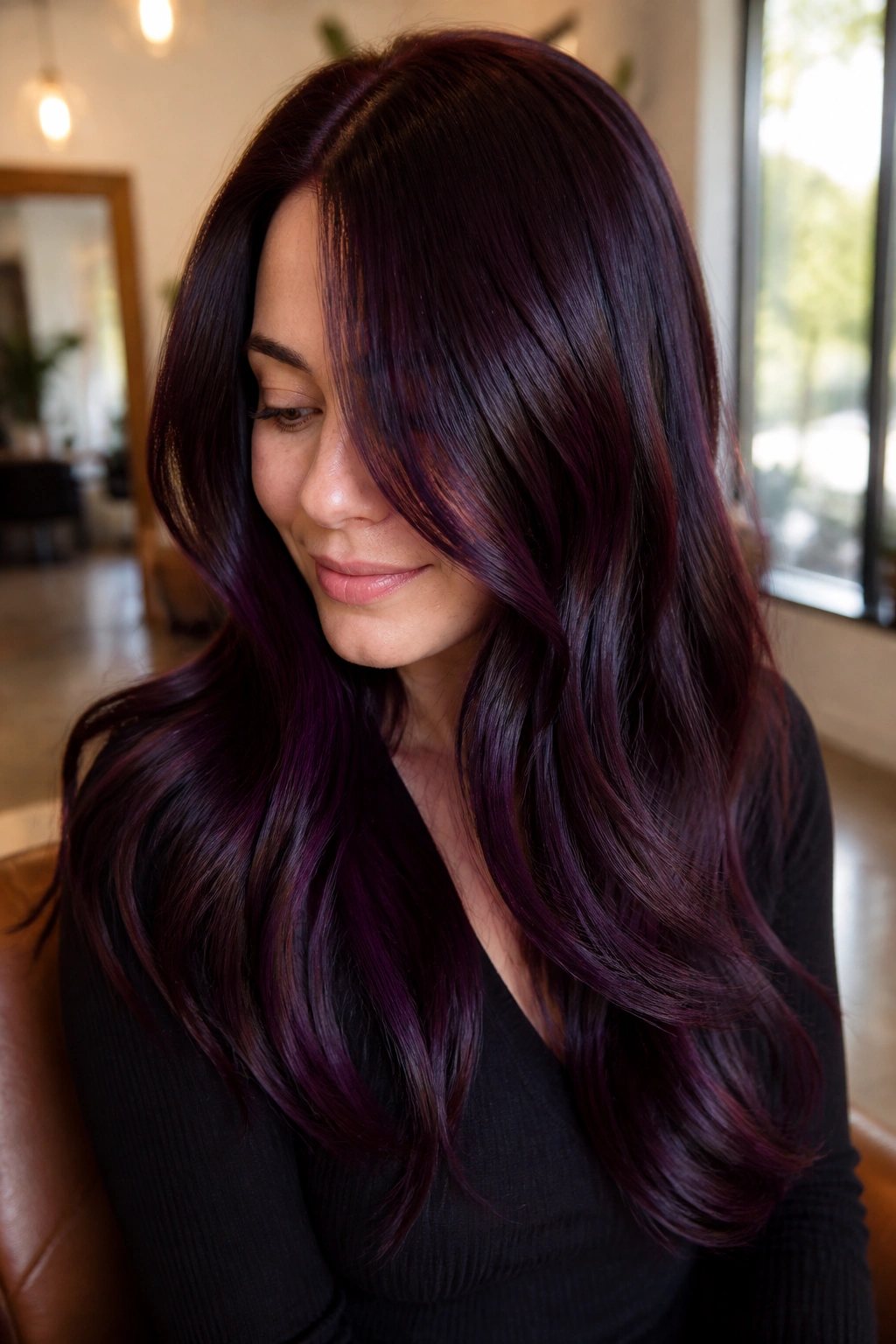 Close-up portrait of real woman with black currant gloss hair and purple-red reflections