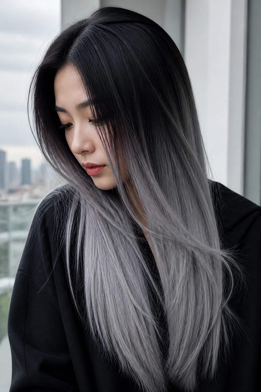 Close-up of a real woman's hair showing black to smoky silver ombre