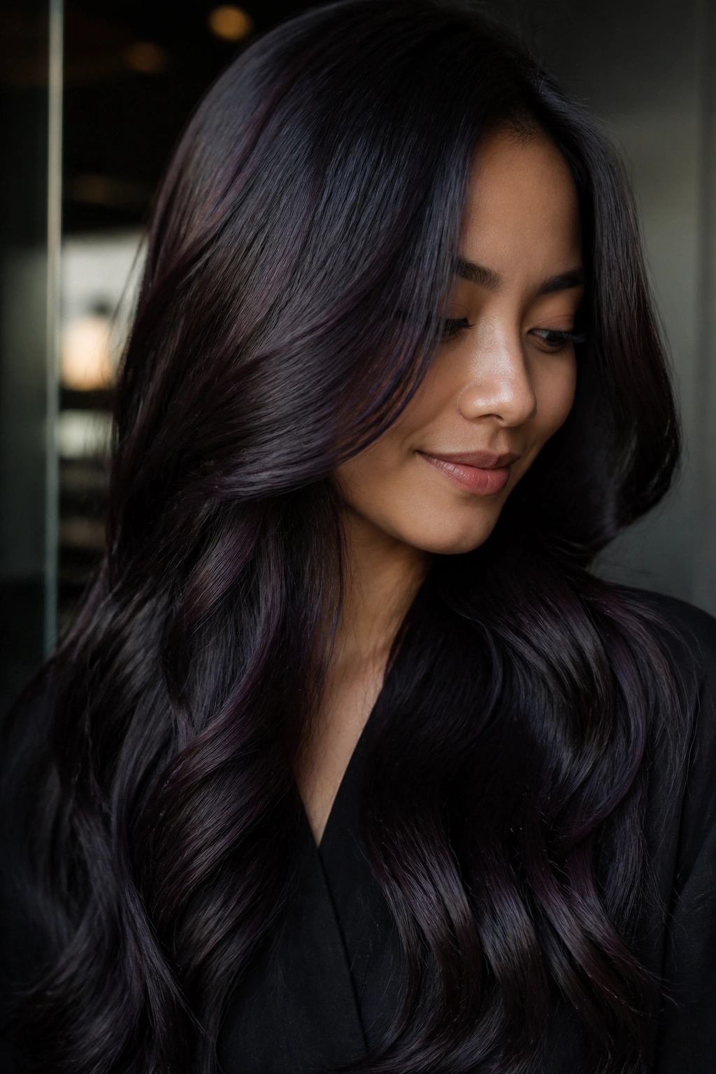 Close-up of blackberry black hair with berry undertone on a real person