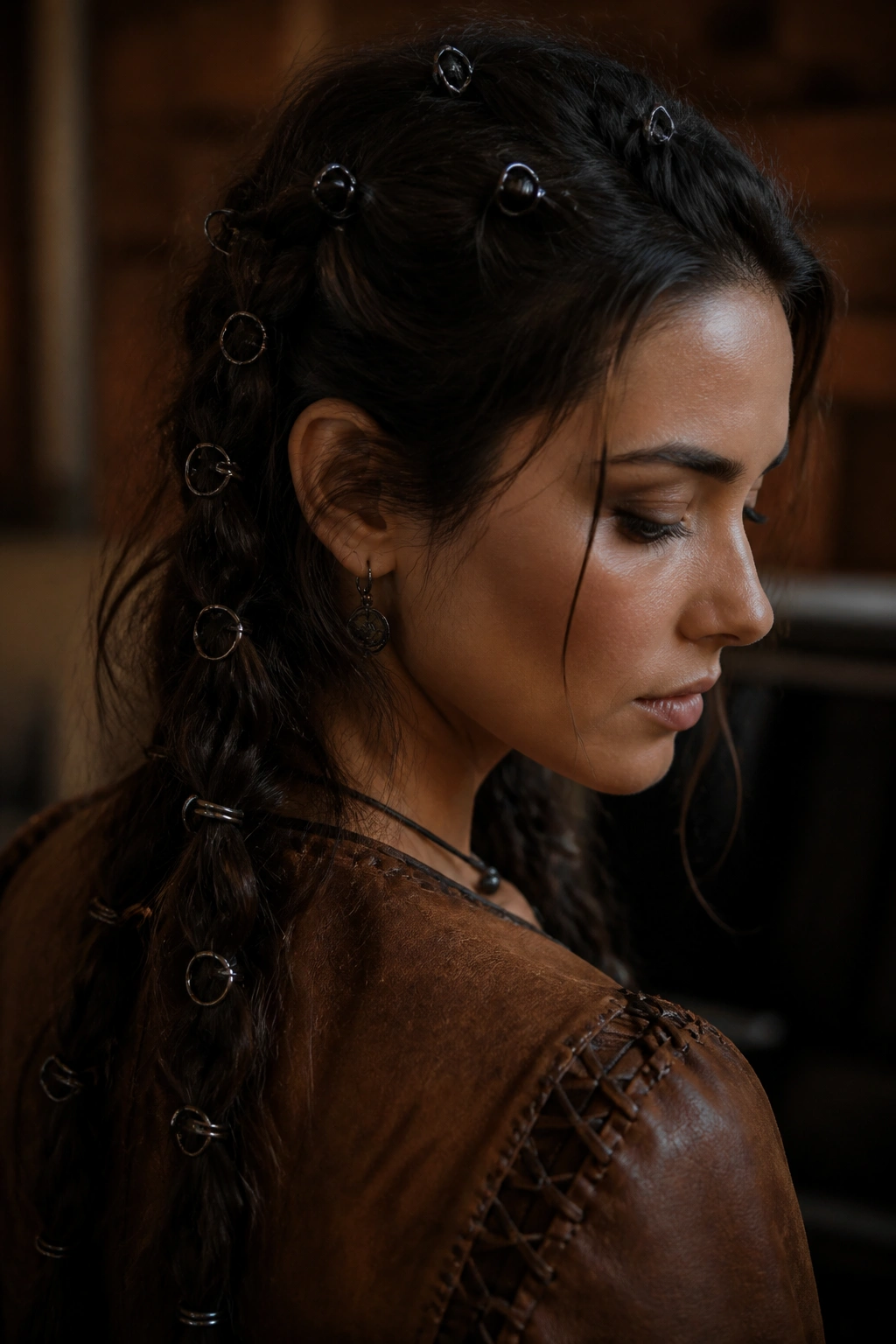 Close-up of a real person wearing blackened metal rings in a moody boho braid.