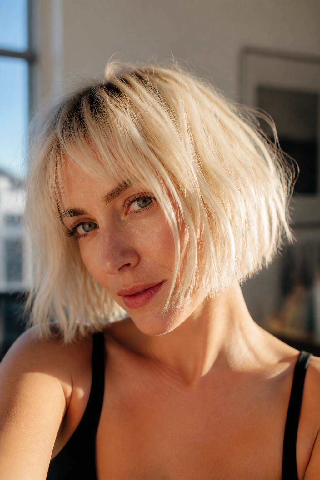 Close-up of a real woman with choppy bleach blonde bob, textured ends, warm window-light background.