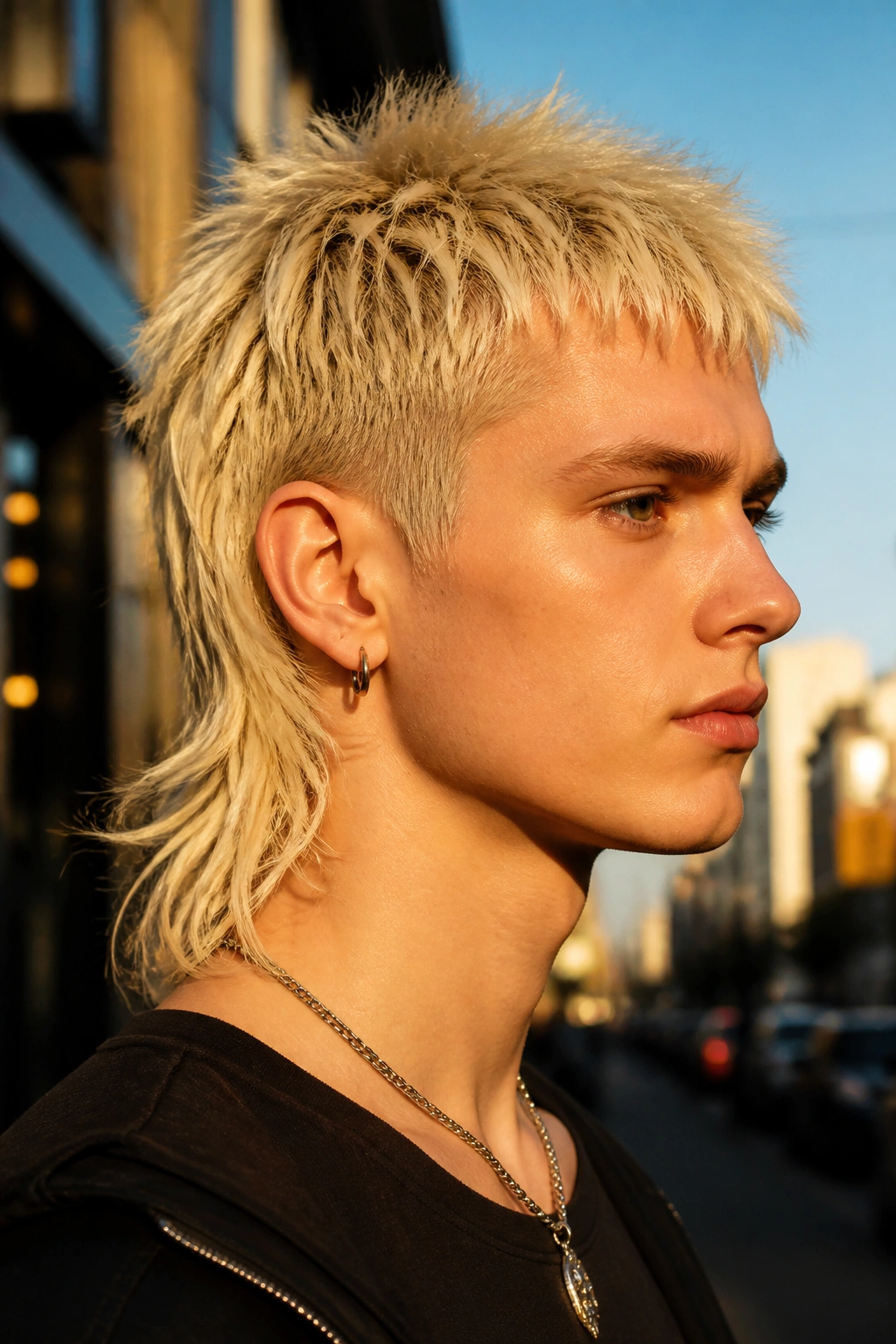 Close-up of a real person with a bleach-out mullet and sharp edges.