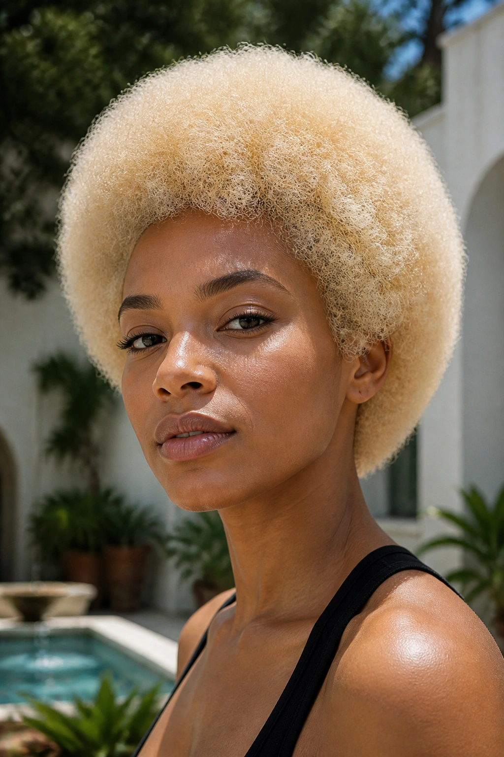 Close-up of a real person with pale blonde afro and defined shape.