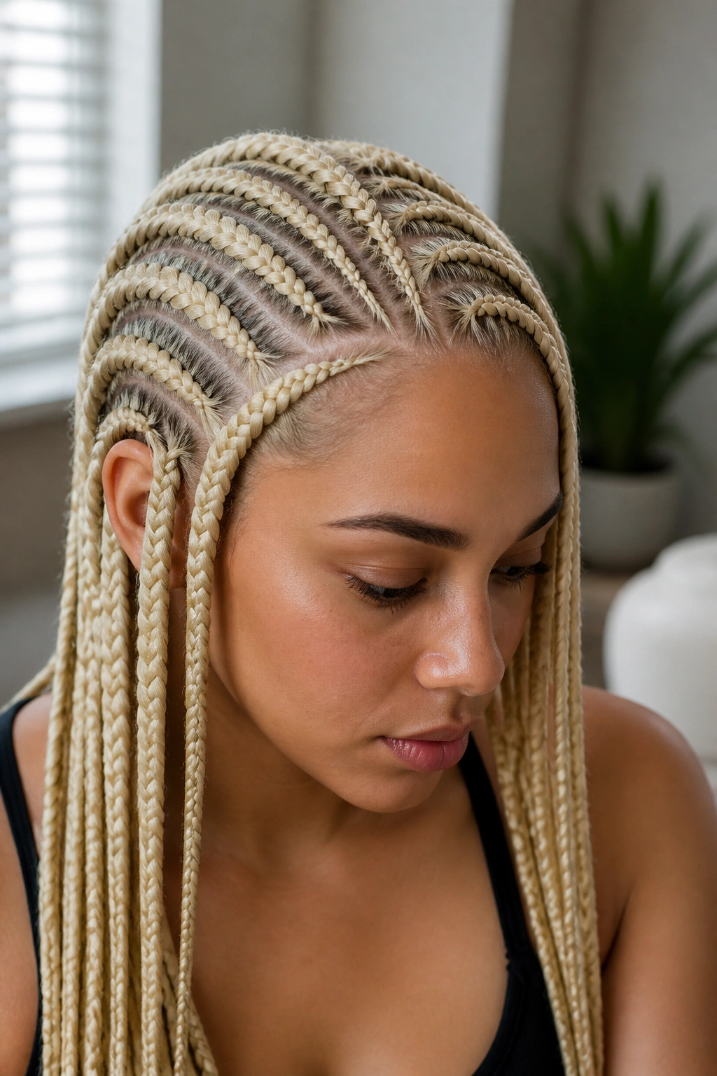 Close-up of a real person with pale-blonde braids and crisp parting.