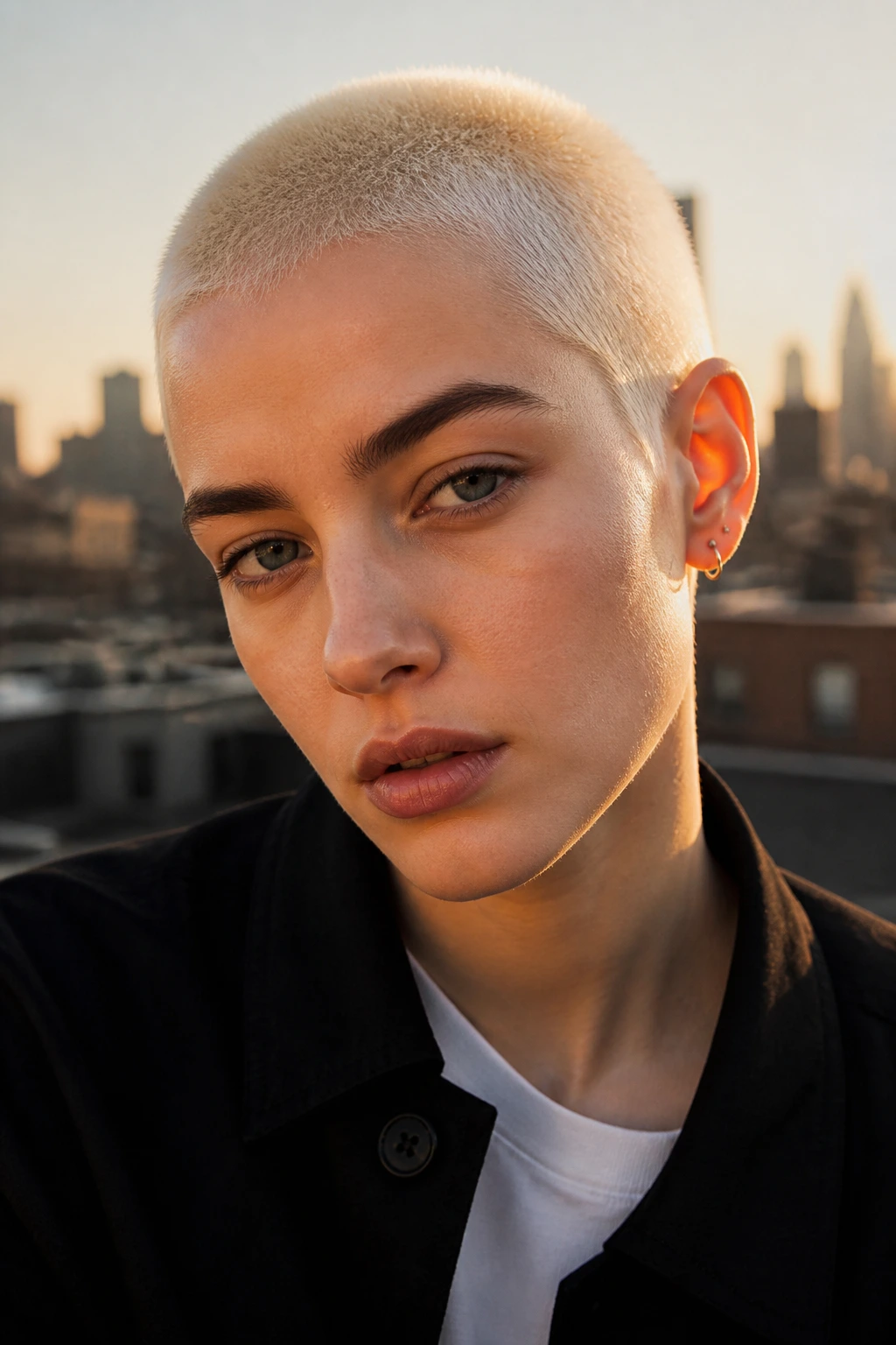 Close-up portrait of a real person with a bleached buzz cut in golden hour rooftop setting
