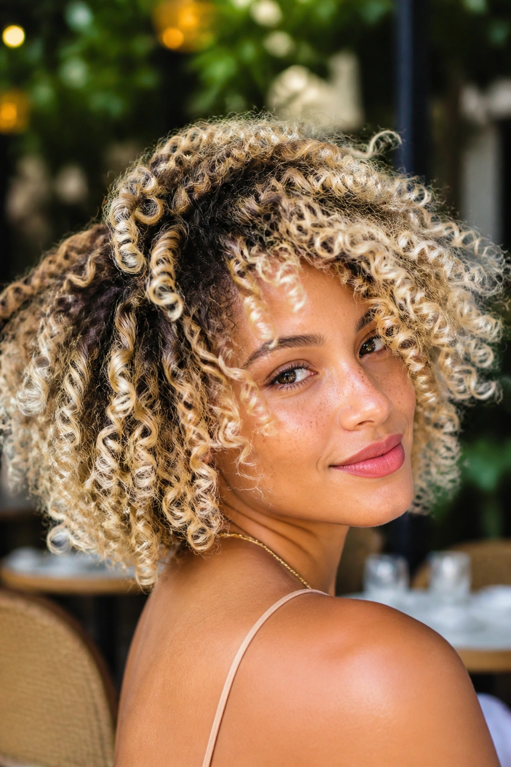 Close-up of a real woman with high-contrast bleached curls outdoors