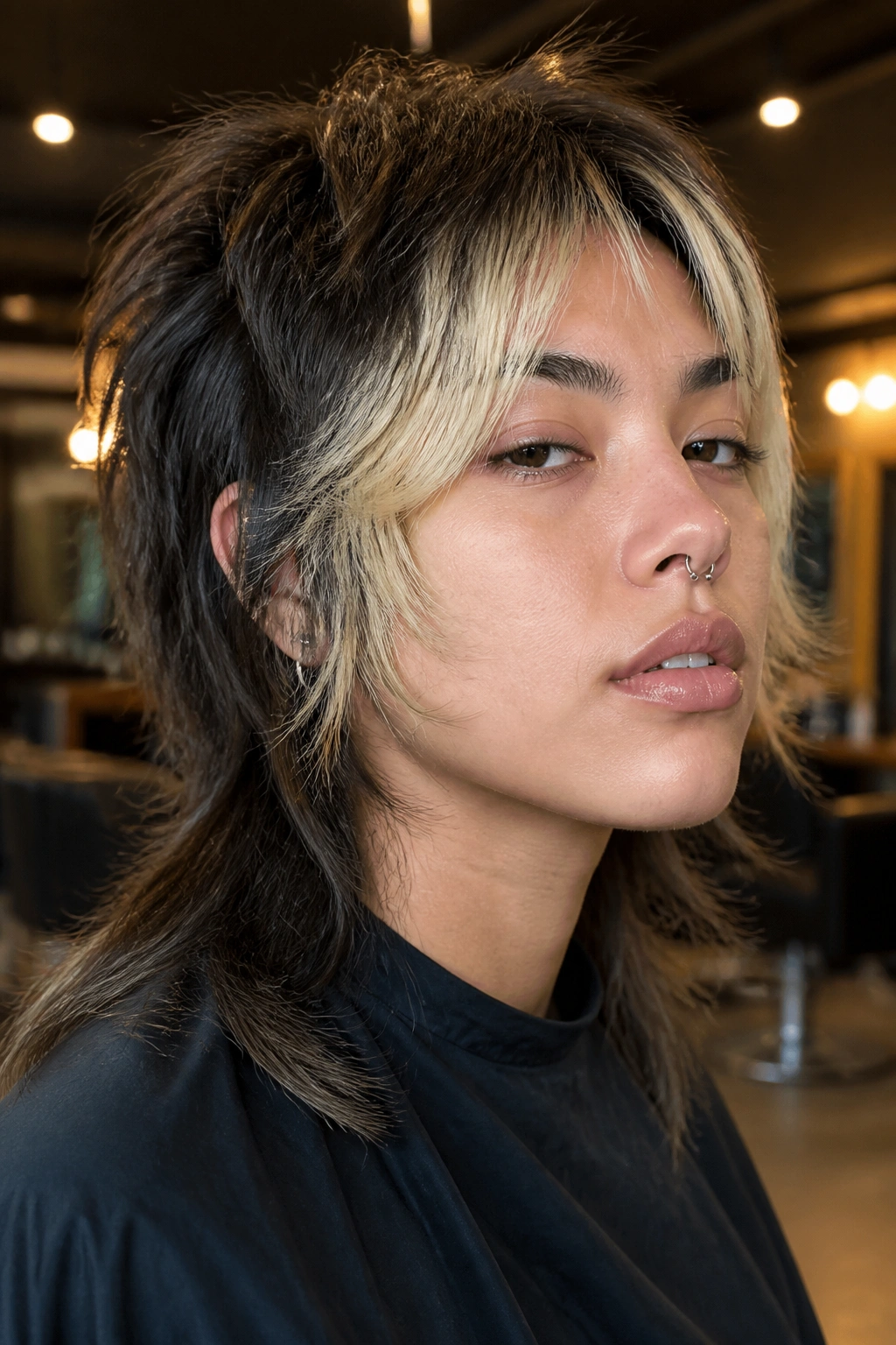 Close-up of a real person with a bleached money-piece wolf cut in warm salon lighting