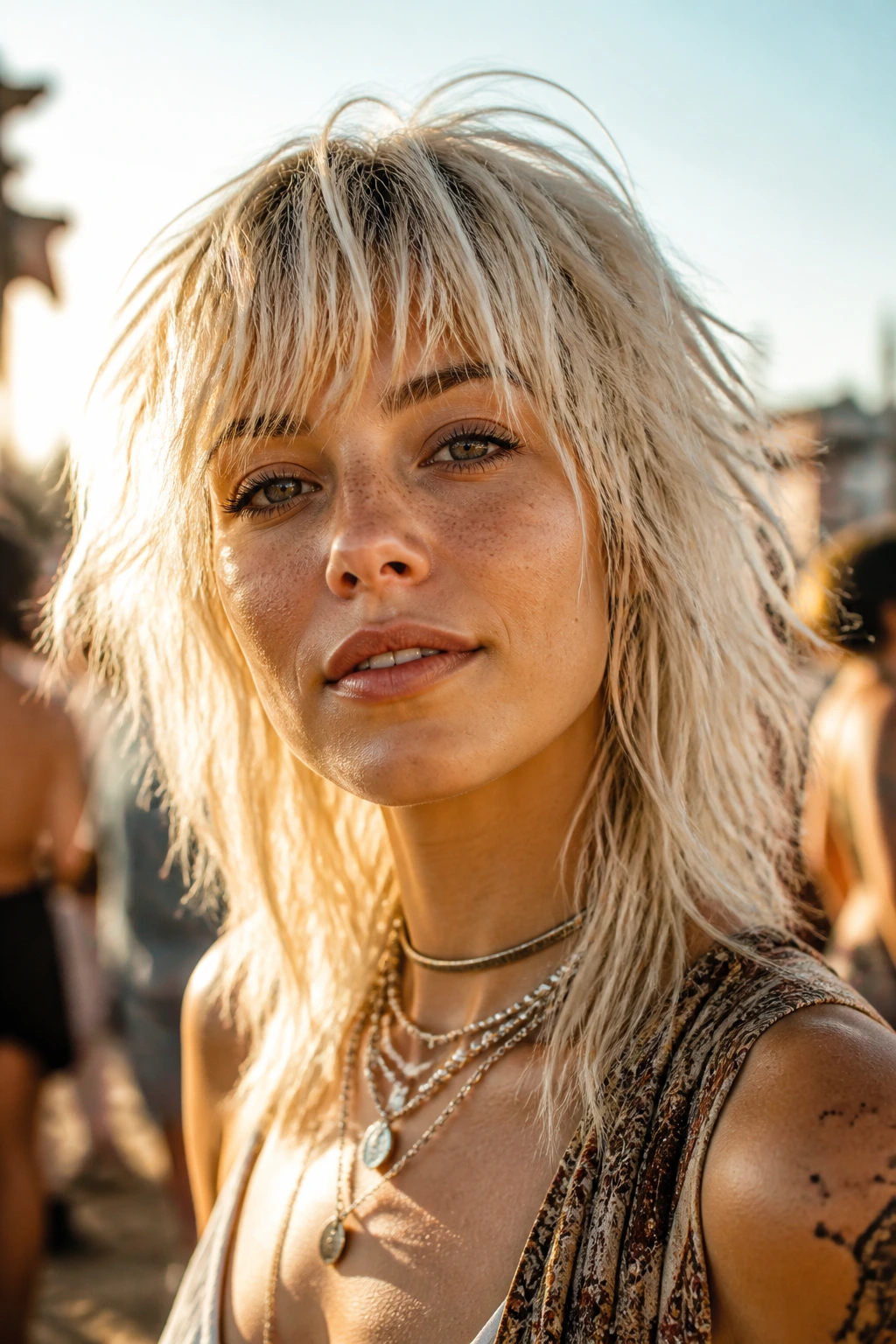 Close-up of a real person with bleached-out festival shag under sun