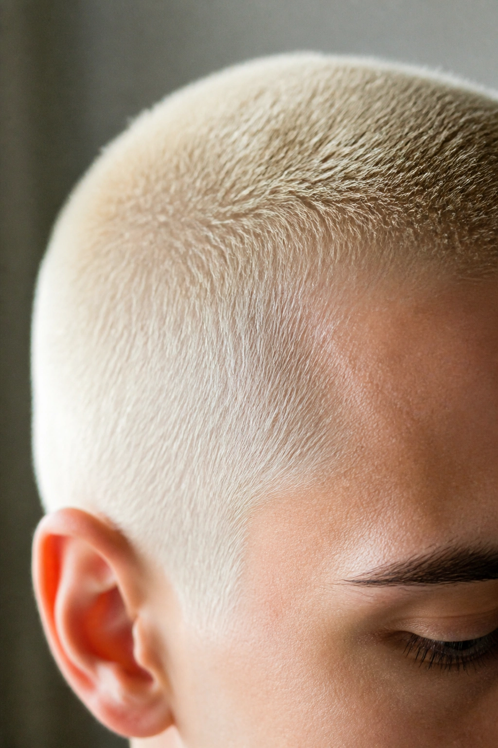 Close-up of real person with bleached platinum buzz cut and clean skin contrast