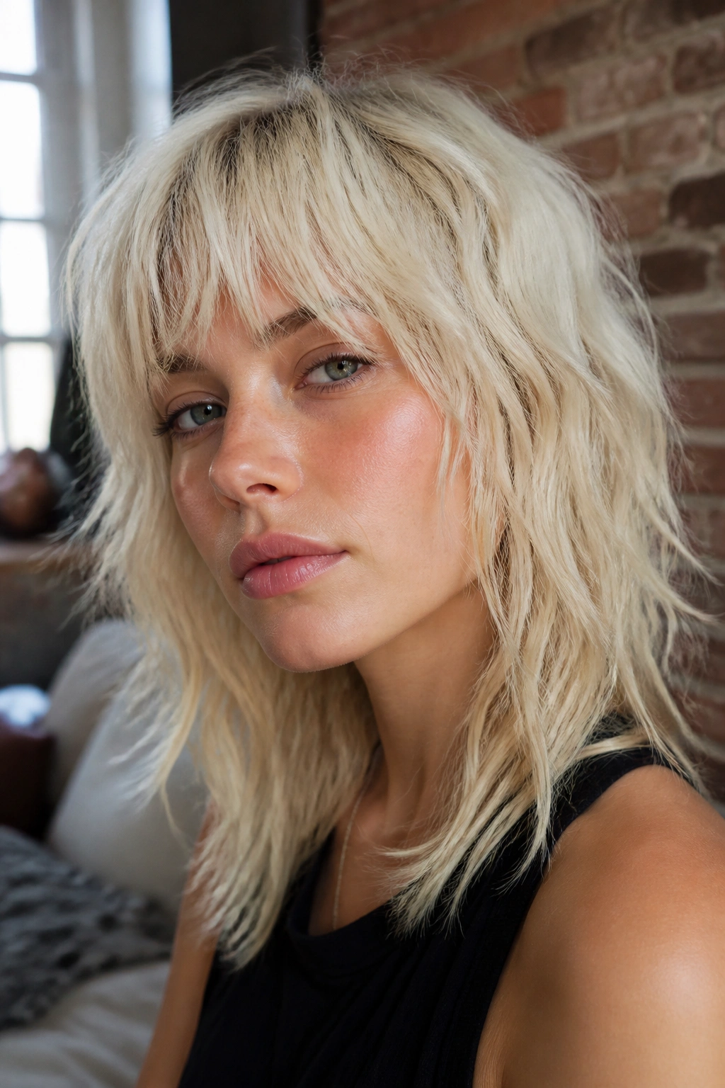 Close-up of a real woman with bleached shag and wispy bangs