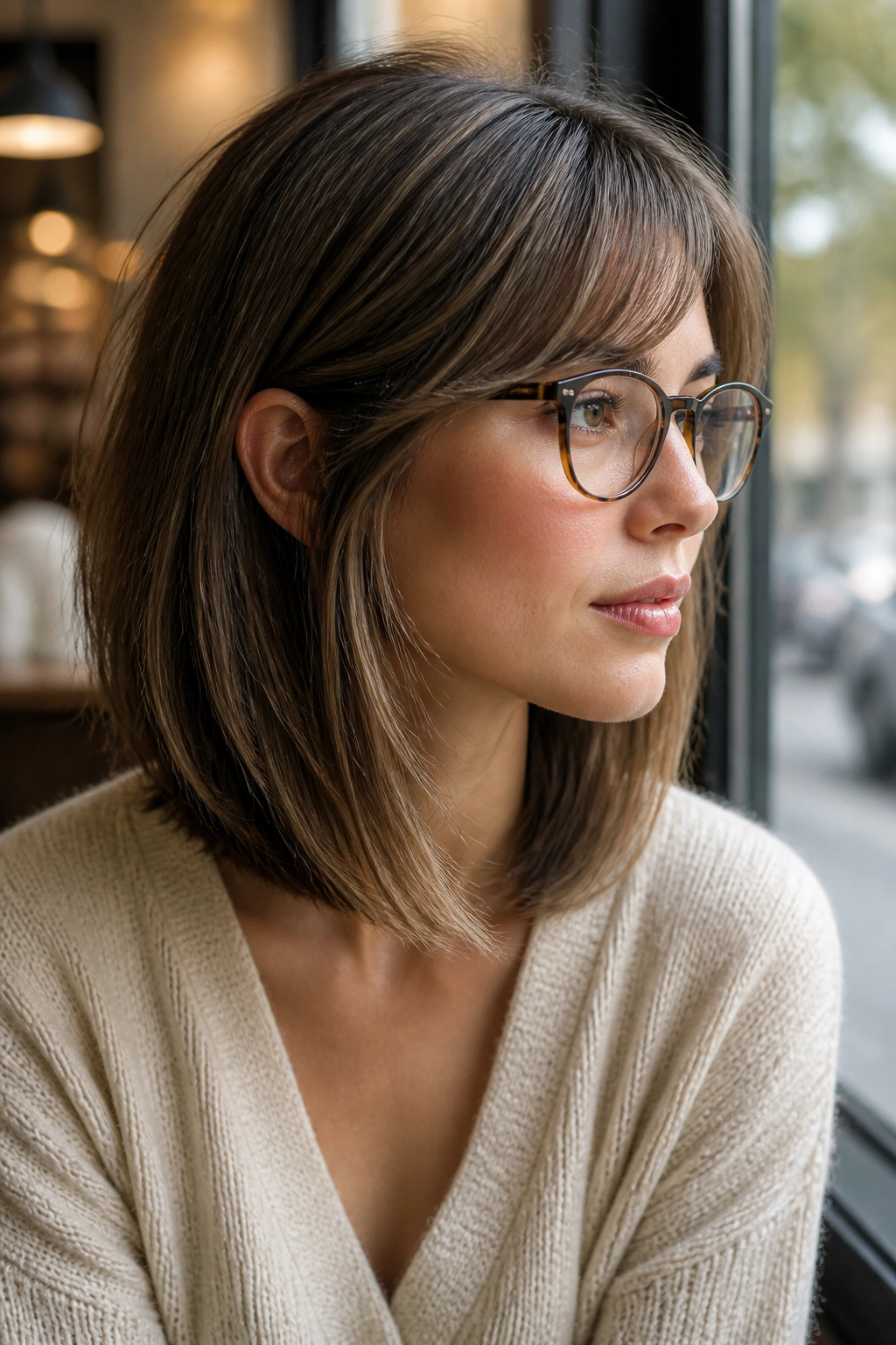 Close-up portrait of a woman with blended A-Line lob and side bangs in cafe daylight