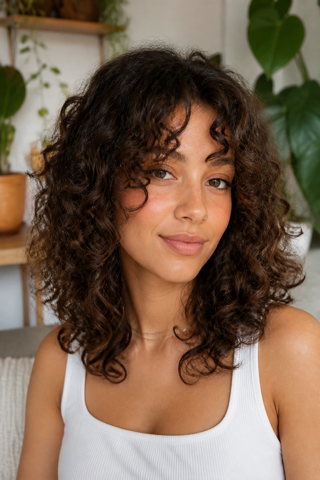 Close-up portrait of a person with blended curtain bangs for curly hair in a bright living room