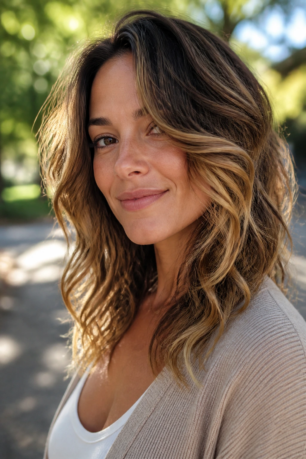 Close-up portrait showing blended layers on wavy hair.