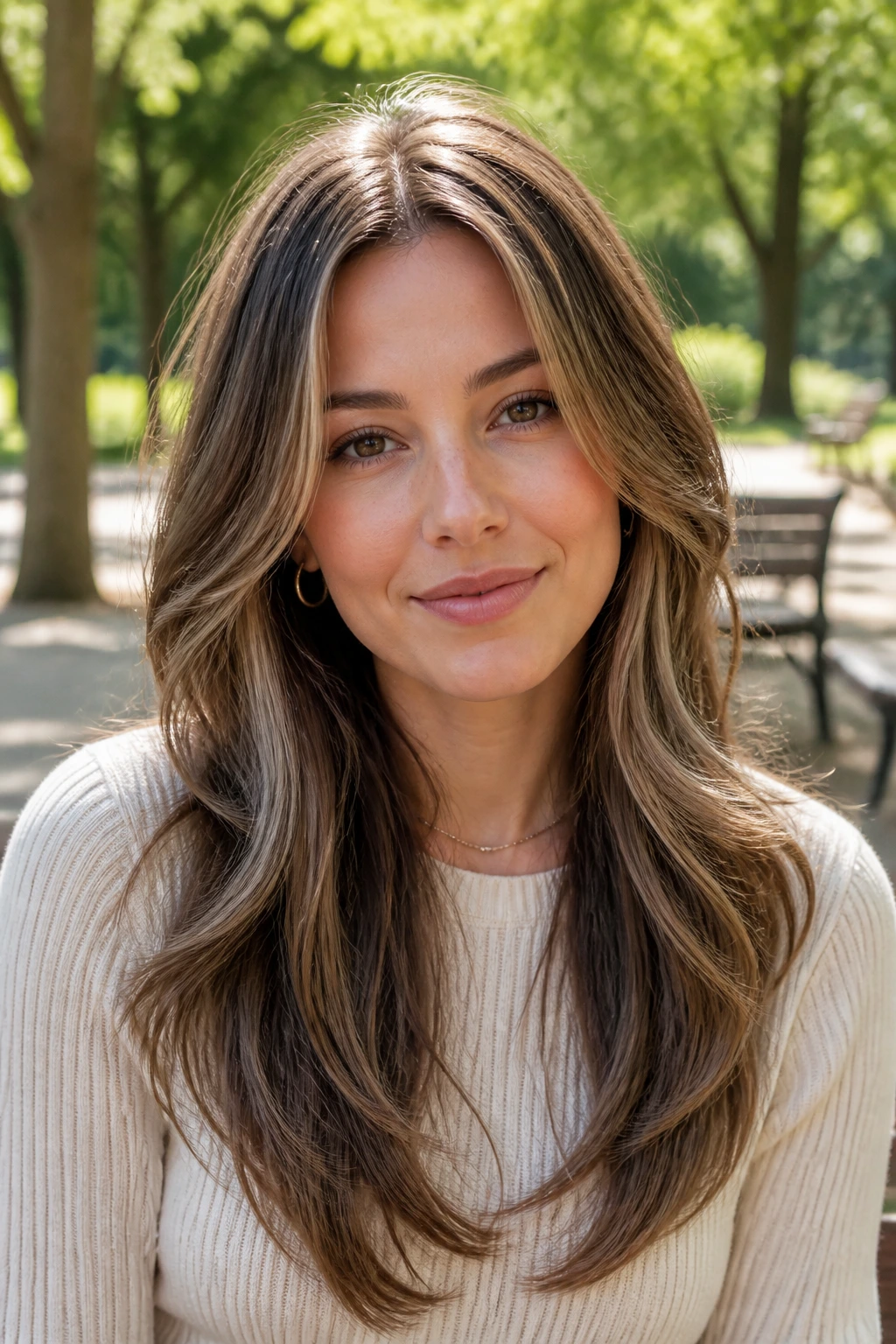 Real woman with blended long layers and face-framing pieces