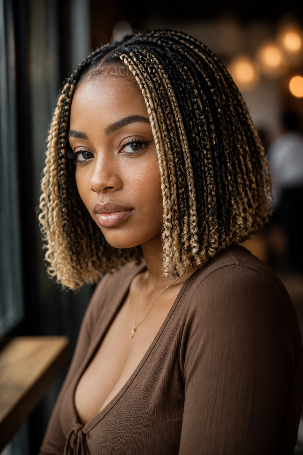 Close-up of a real woman with blonde face-framing accents in a bob