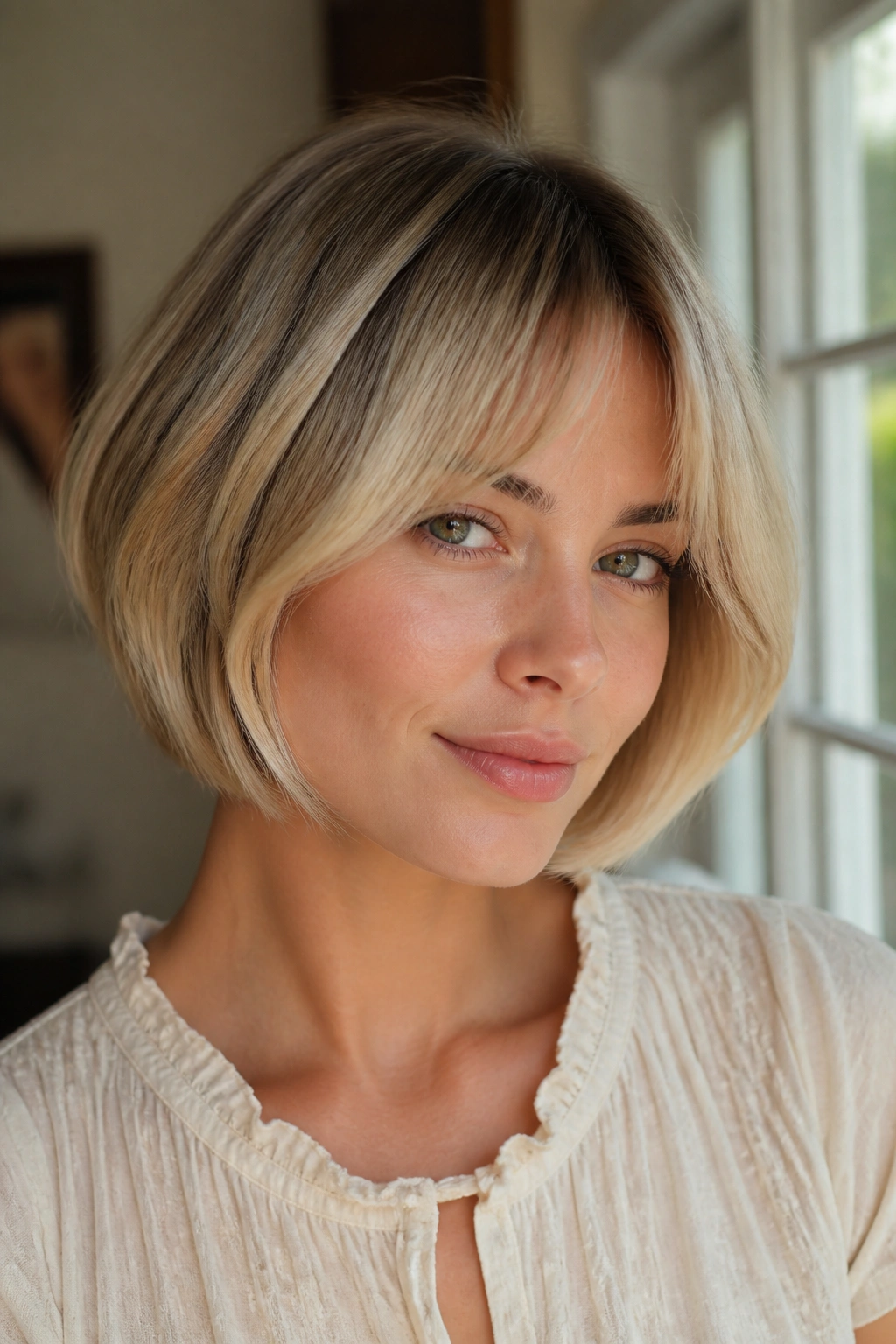 Close-up blonde French bob with soft dimension on a real woman.
