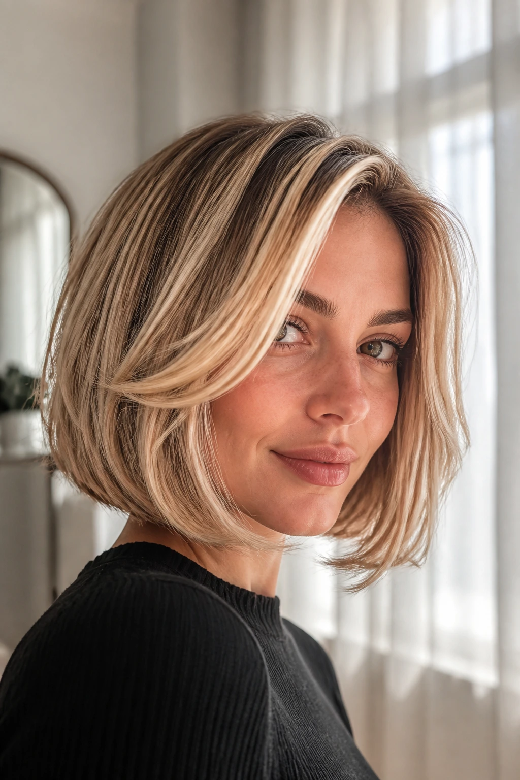 Close-up of blonde Italian bob with ribbon highlights on a real person