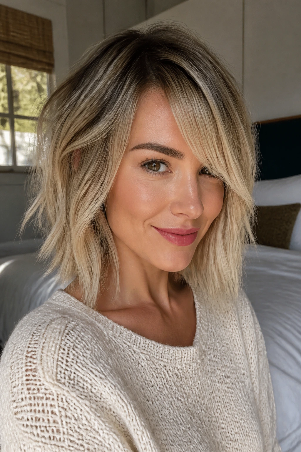 Medium close-up of a real woman with a blonde lived-in lob and shadow roots