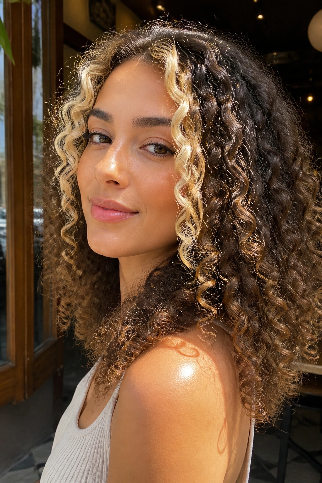 Close-up of curly hair with face-framing blonde money pieces