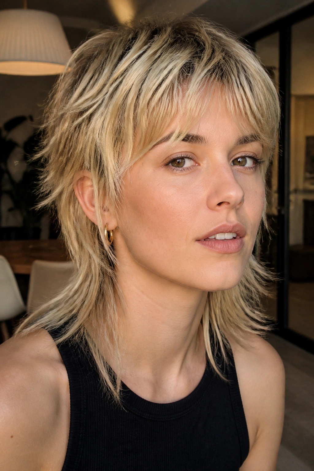 Portrait of a real person with a choppy blonde mullet and dimensional highlights.