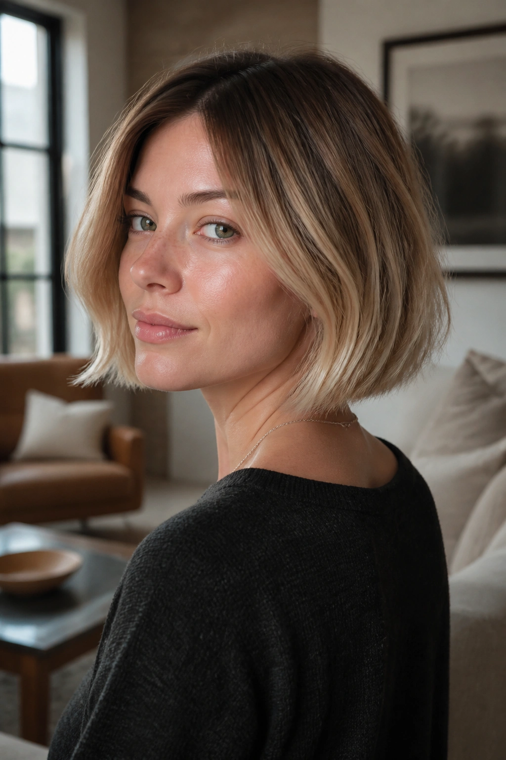 Close-up of a real woman with sandy blonde shadow melt on a jaw-length French bob in soft window light