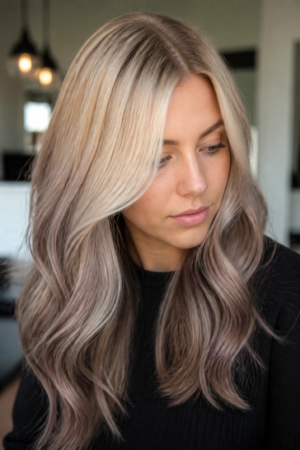 Close-up of real woman with blonde to taupe reverse ombre