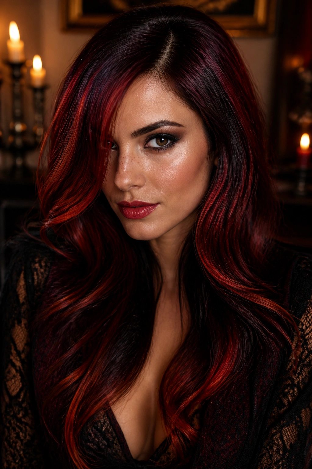 Close-up of a real person with red burgundy copper Blood Moon hair