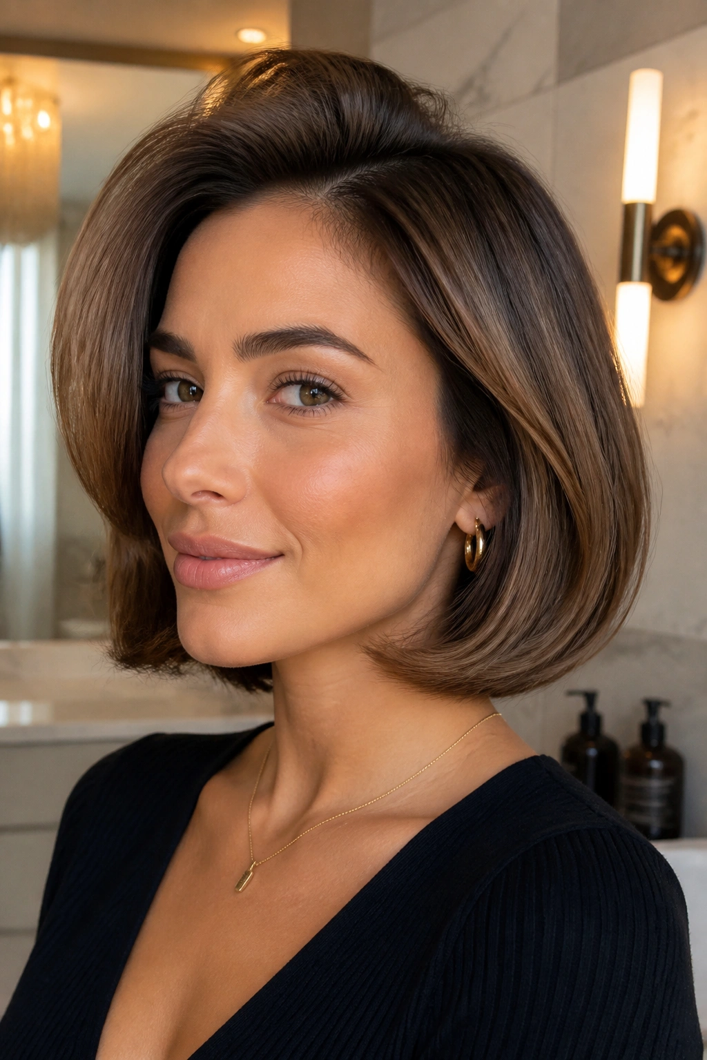 Close-up portrait of a real woman with a polished bend blowout bob and lifted roots