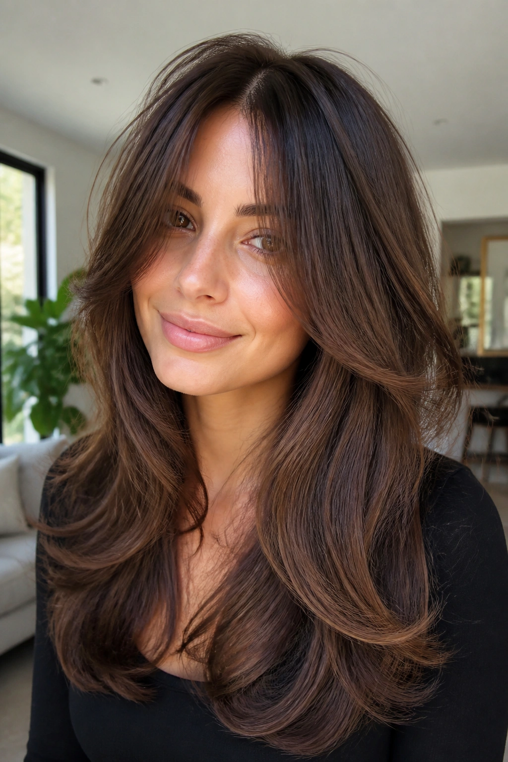 Portrait of a woman with soft blowout butterfly layers.