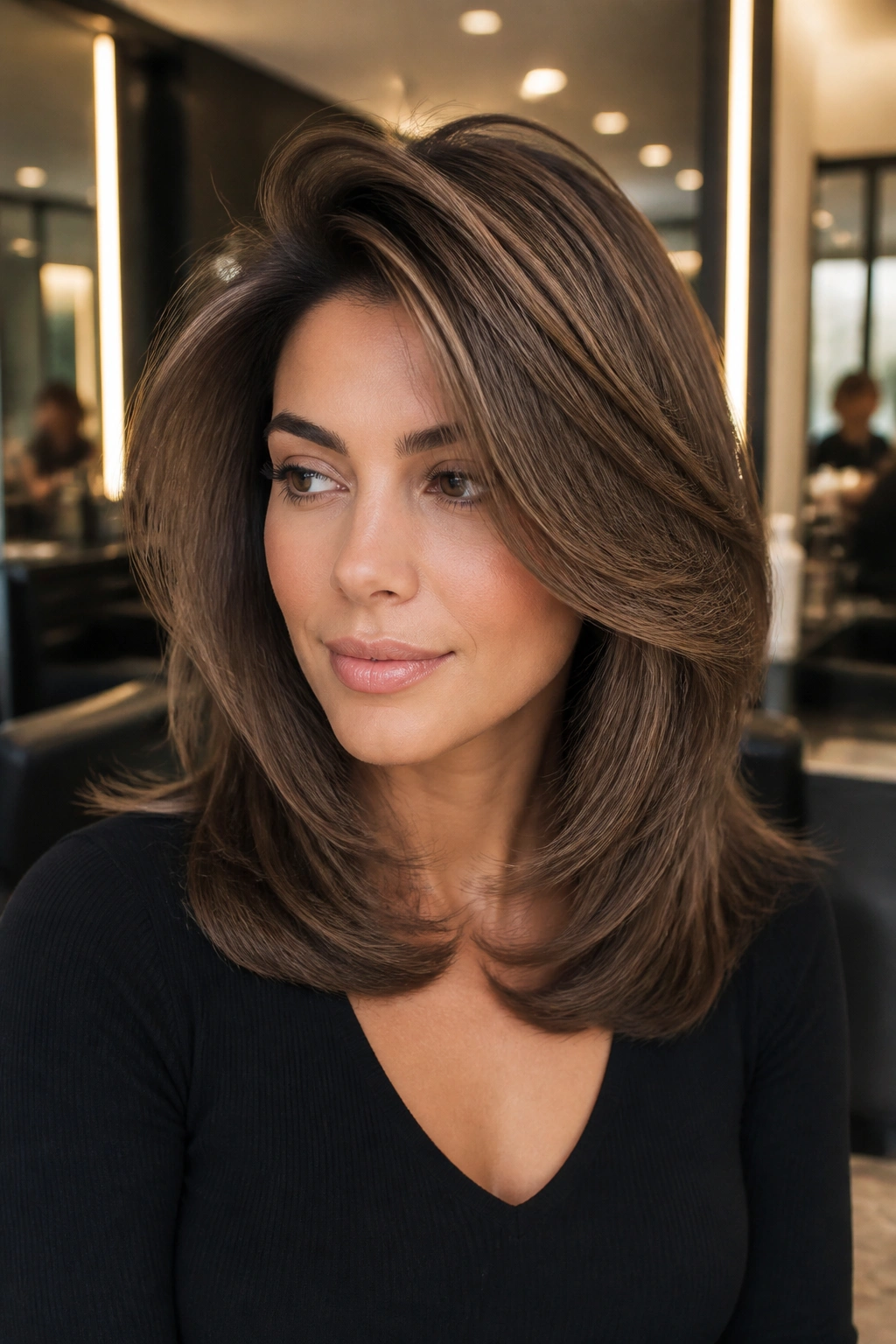 Close-up portrait of a real person with a polished blowout and lifted crown layers.