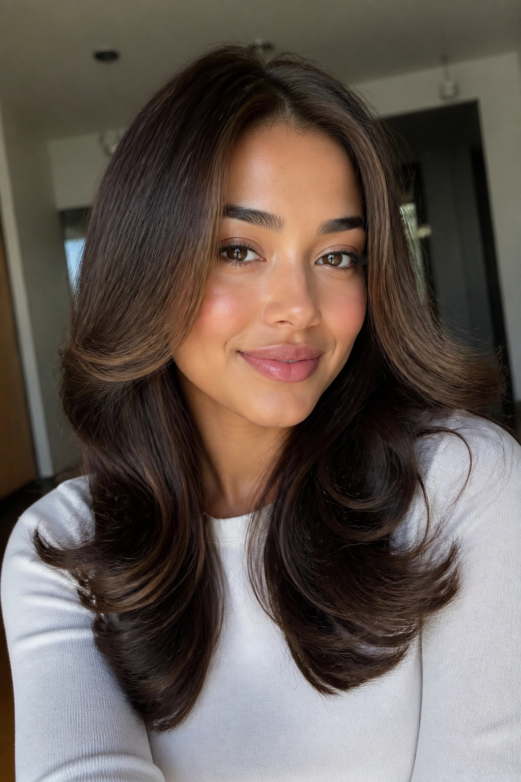 Close-up of a real woman with blowout curls and flipped ends, soft shine