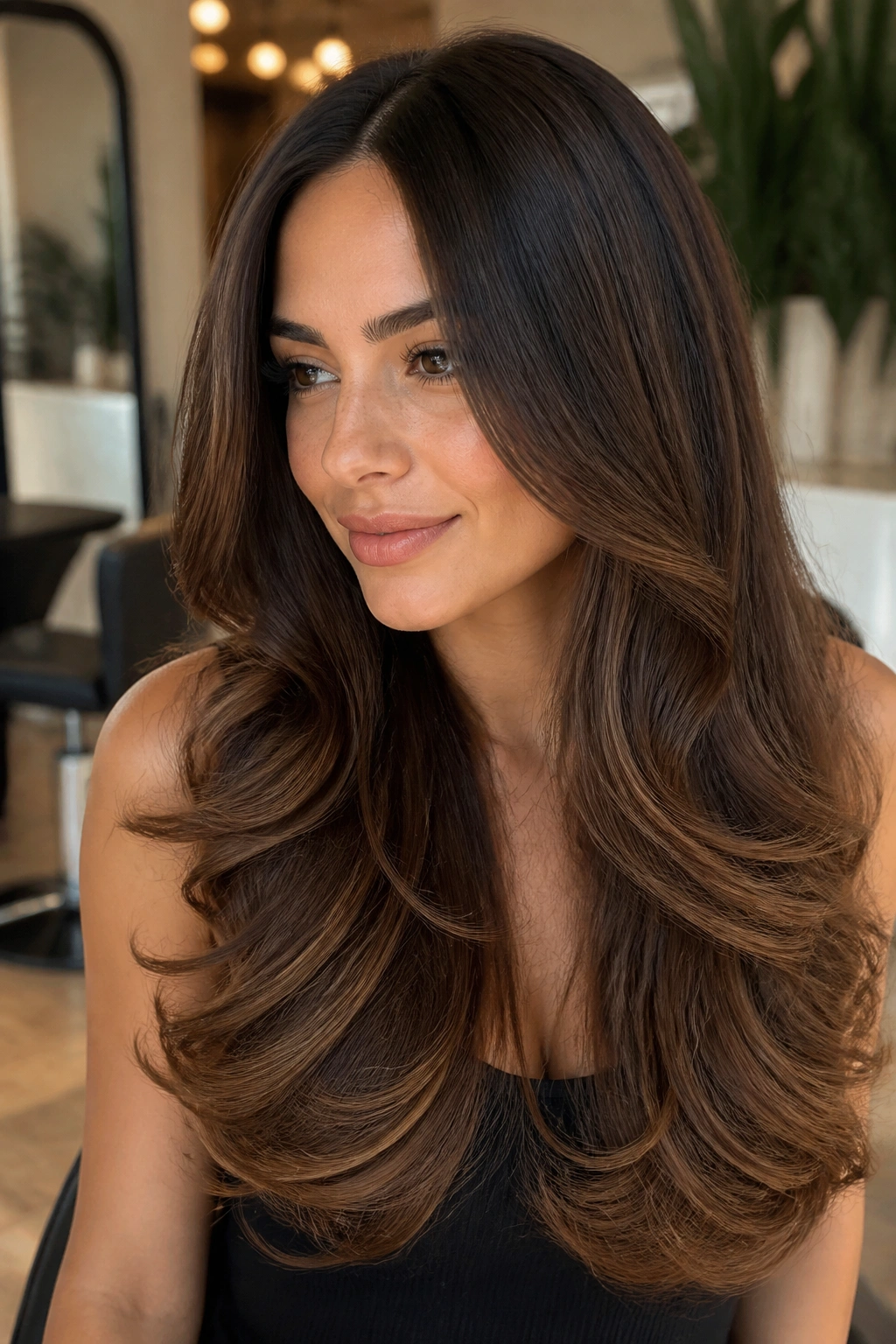 Portrait of a woman with smooth blowout curls and bouncy ends in a warm, salon-like setting