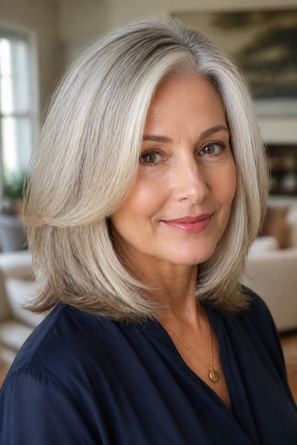 Close-up portrait of a real woman showing a smooth blowout with light face-framing layers.
