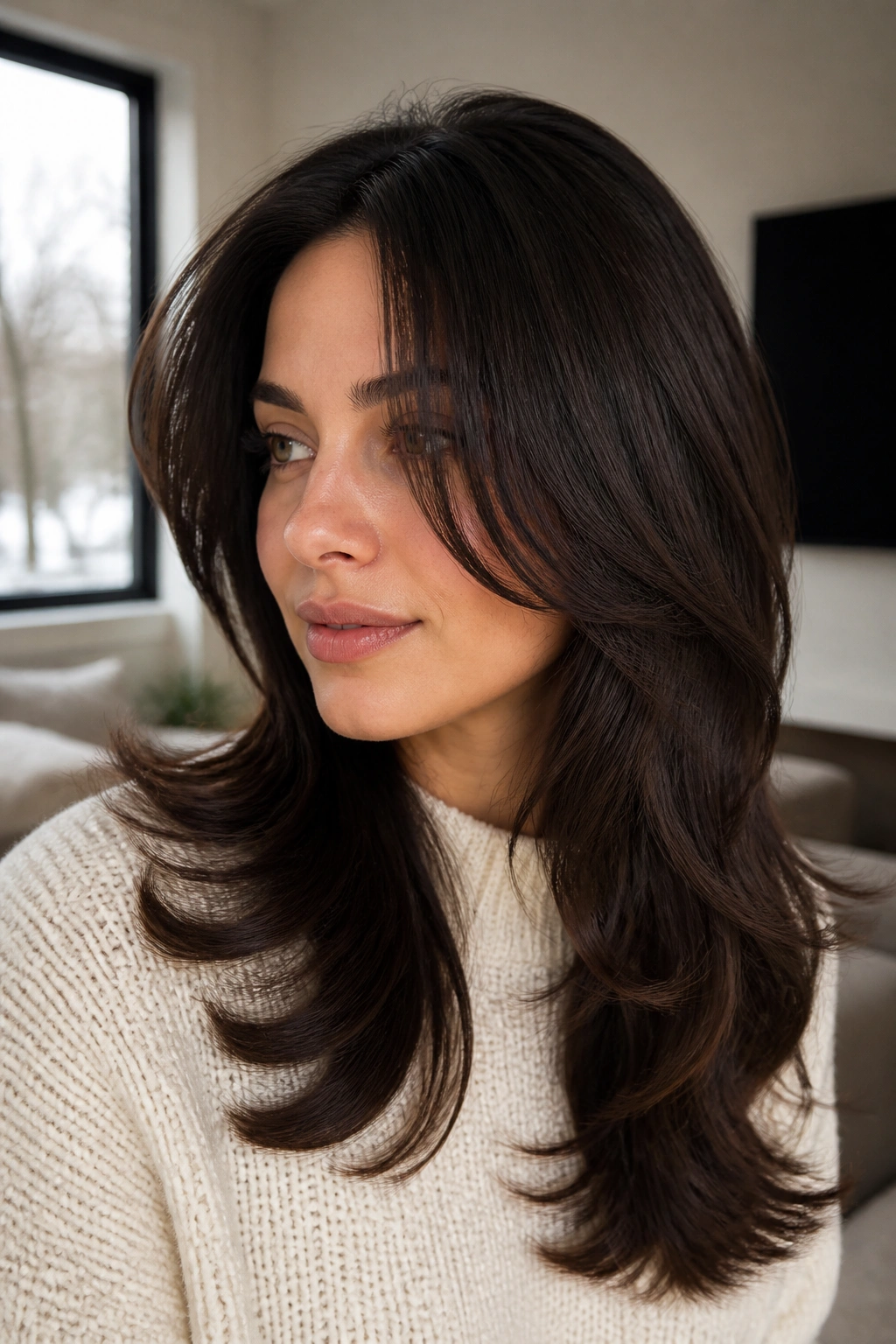 Close-up of a woman with a soft blowout and face-framing layers in winter light