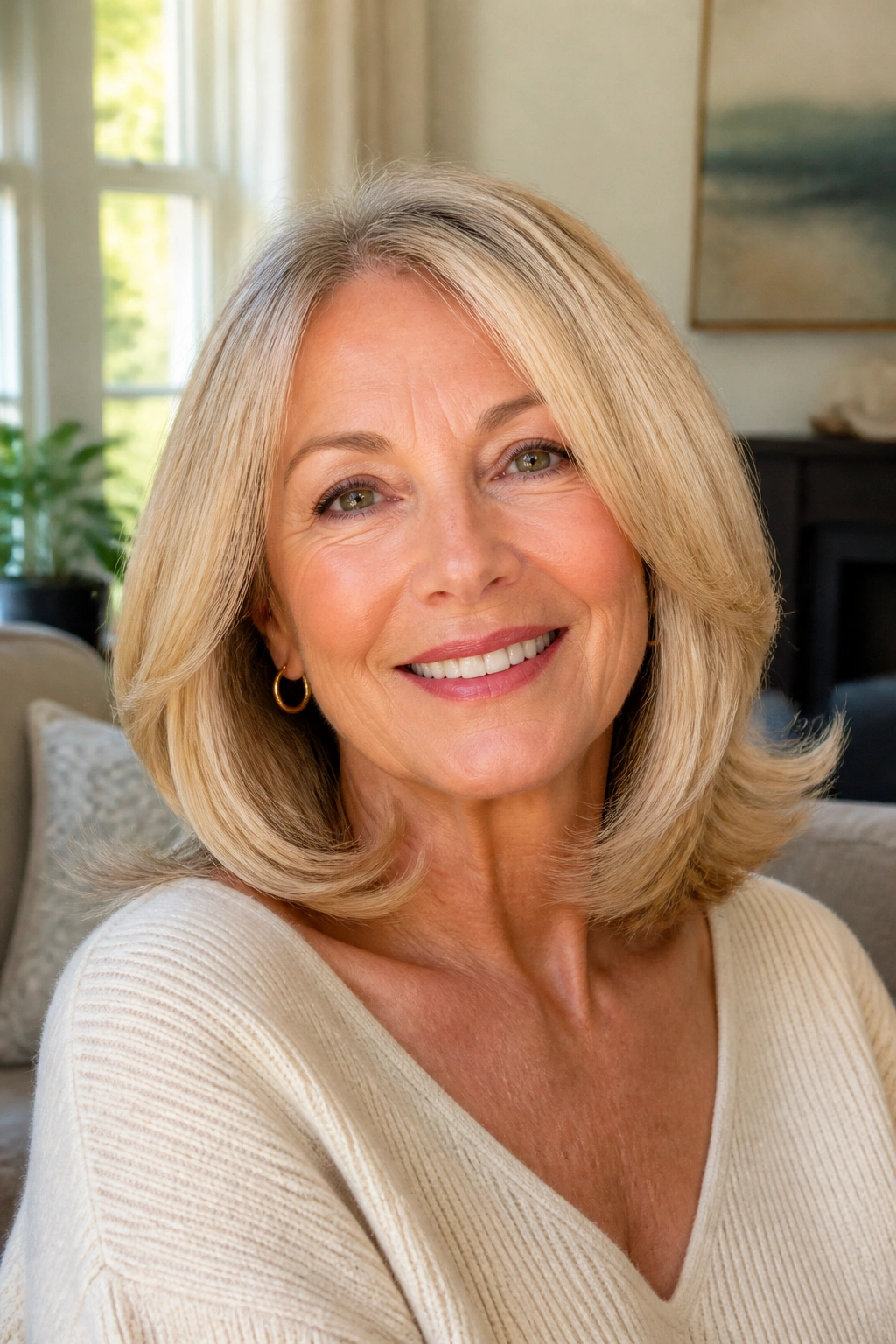 Close-up portrait of a real woman with shoulder-length blowout and flipped ends