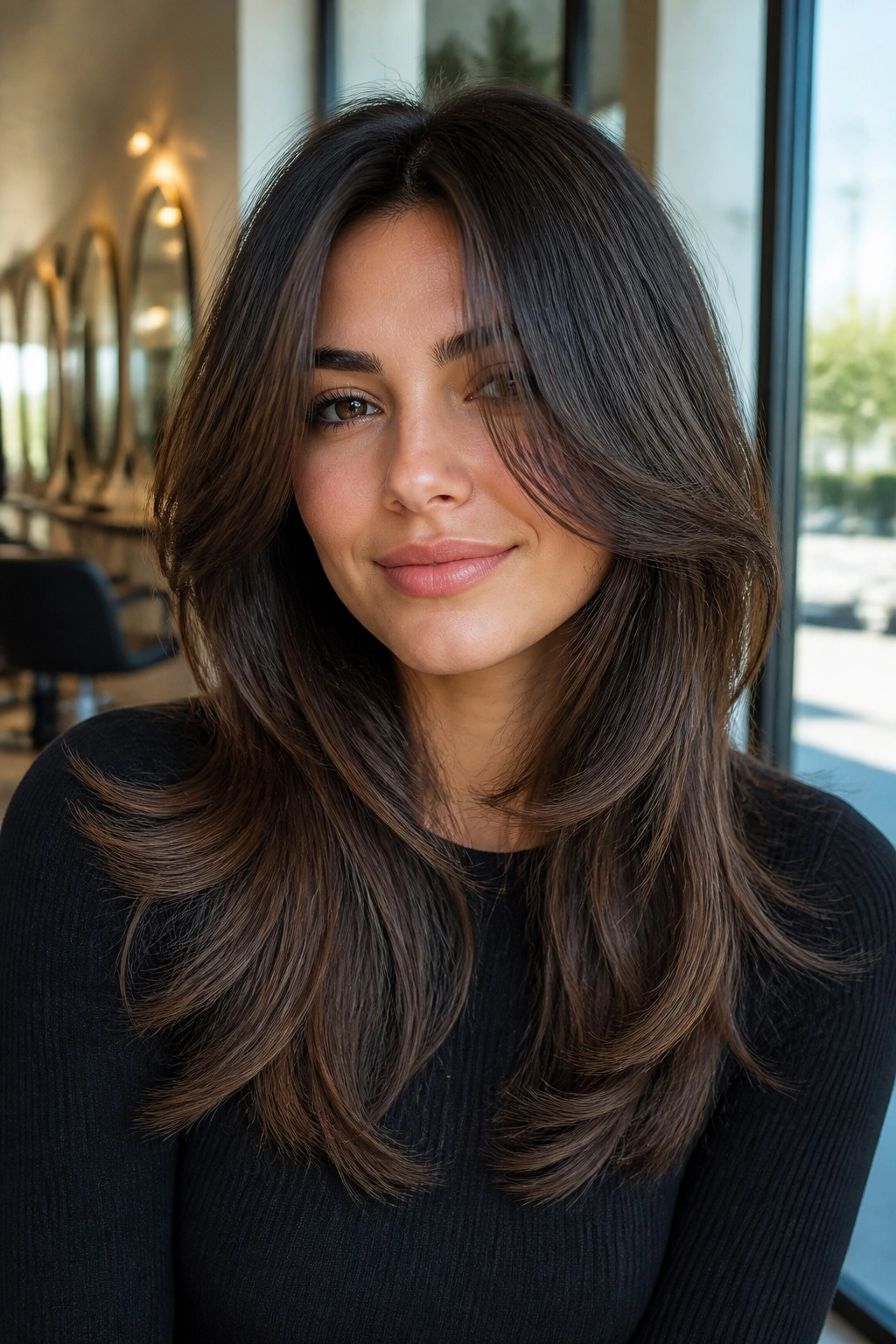Close-up portrait of a real person with blowout-friendly long shag featuring swept front pieces and curved ends