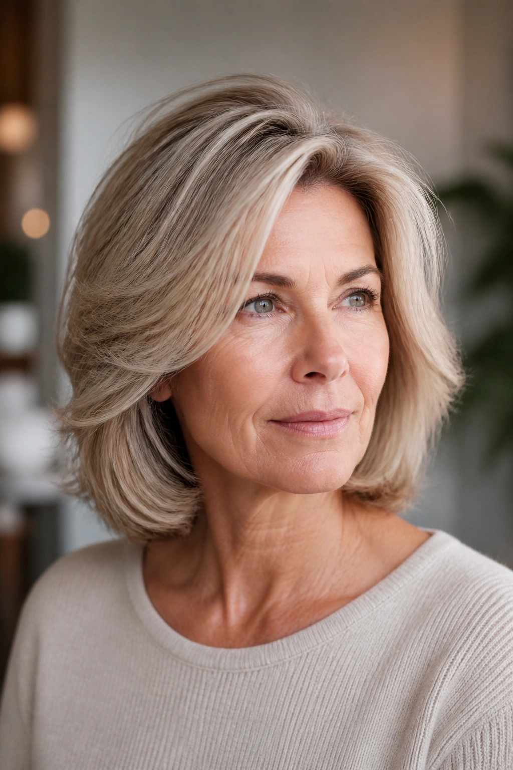 Close-up of older woman with brushed-out blowout layers