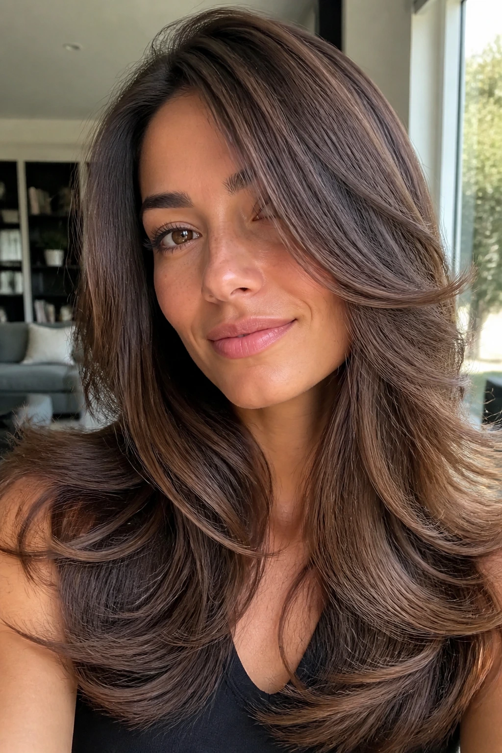 Close-up of a real woman with flipped-out blowout layers