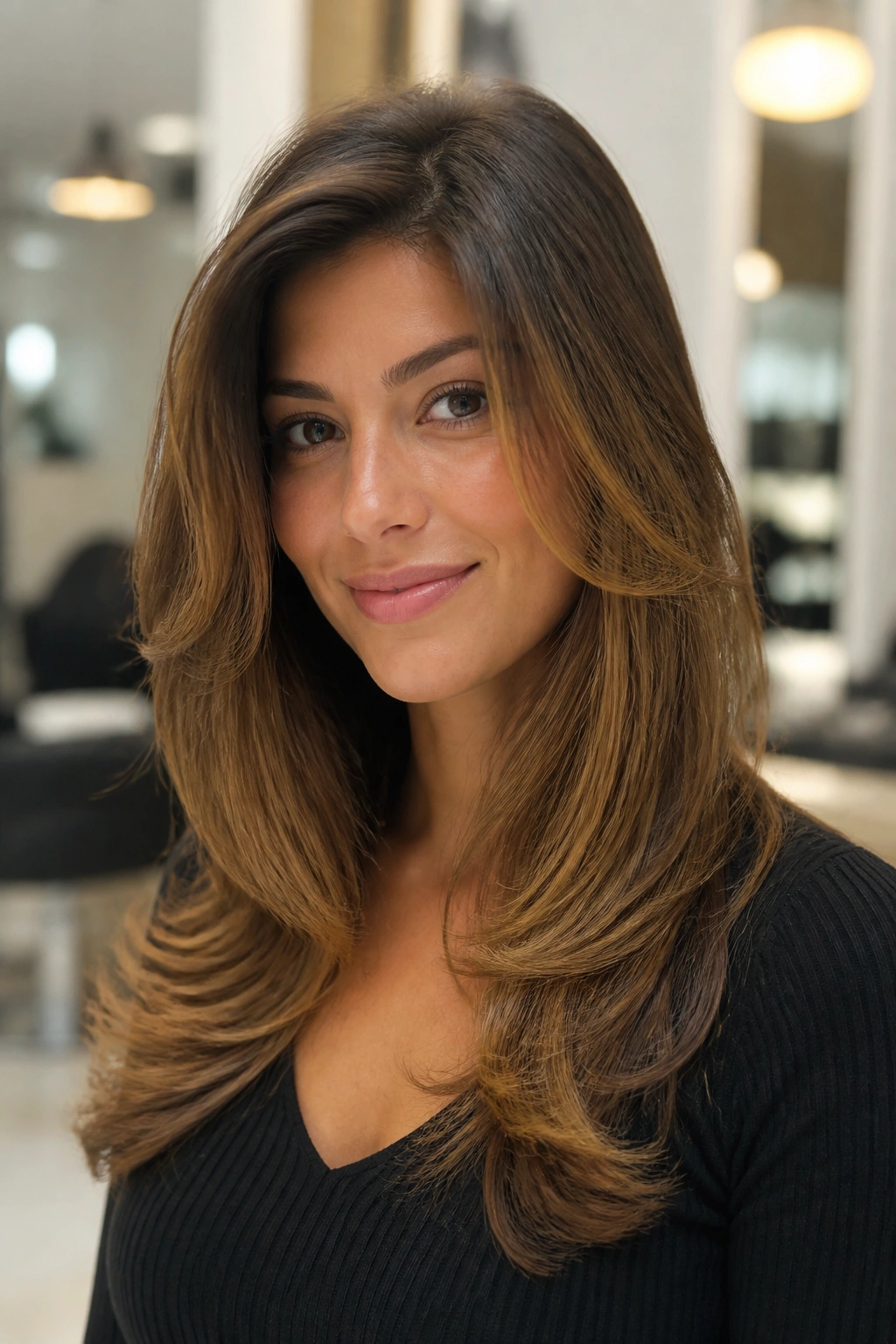 Close-up portrait of a real woman with polished blowout layers framing the face