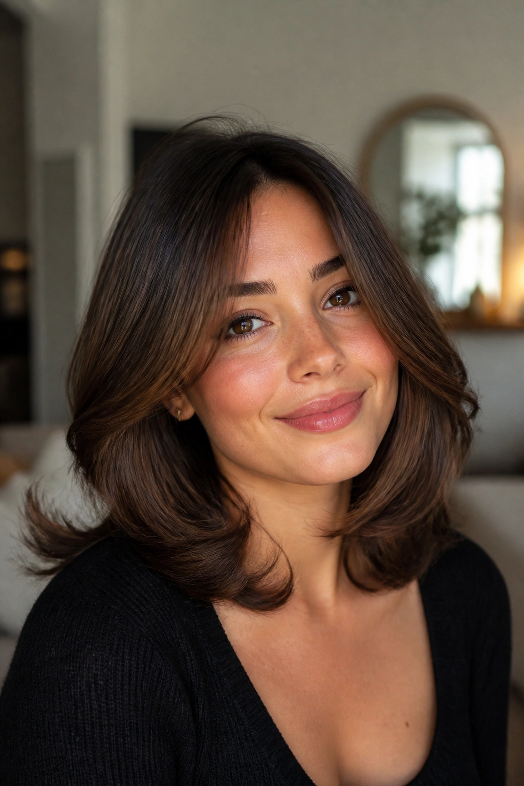 Close-up of a woman with a bouncy blowout and soft-ended layers.