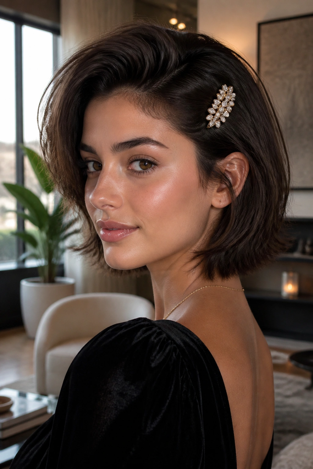 Close-up of a voluminous bob with a single statement clip near the temple